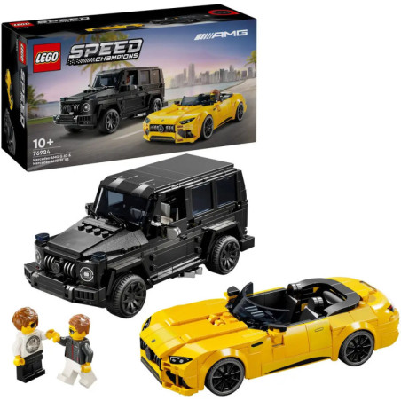 LEGO Speed Champions Set mit schwarzem SUV, gelbem Sportwagen, zwei Figuren und Verpackung im Hintergrund.
