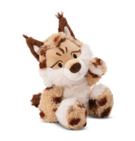 Plüsch-Wolf mit braunem, beigen und weißem Fell sitzt aufrecht und hebt eine Pfote.