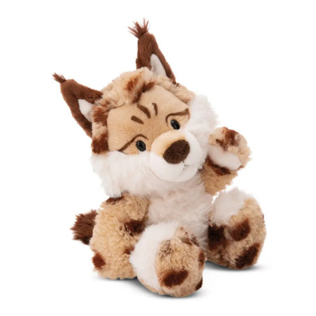 Plüsch-Wolf mit braunem, beigen und weißem Fell sitzt aufrecht und hebt eine Pfote.