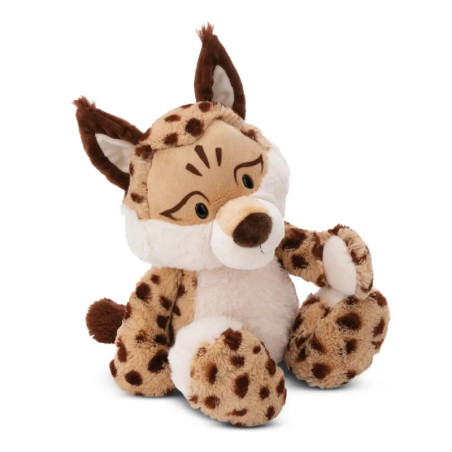 Plüsch-Gepard mit großen Ohren, braunen Flecken und weißem Bauch sitzt aufrecht vor weißem Hintergrund.