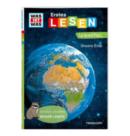 Buchcover mit Erde aus dem All, buntem Text und einem Comic-Waschbären unten links.