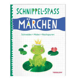 Buchcover: lächelnder Frosch mit Krone, Titel Schnippel-Spaß Märchen, auf kariertem Hintergrund.