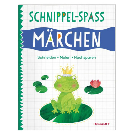 Buchcover: lächelnder Frosch mit Krone, Titel Schnippel-Spaß Märchen, auf kariertem Hintergrund.