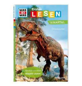 Buchcover mit brüllendem Dinosaurier, Bäumen und Bergen, Titel: Erstes Lesen: Dinosaurier (auf Deutsch).