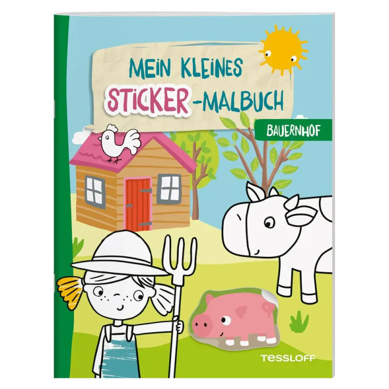 Buchcover: Bauernhof-Sticker- und Malbuch mit Haus, Kuh, Schwein, Sonne und Kind mit Heugabel.