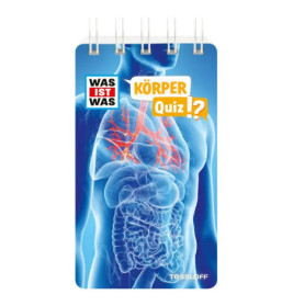 Quizheft mit einer Abbildung des menschlichen Körpers und Organen, betitelt als Körper Quiz auf Deutsch.