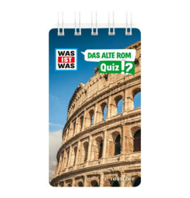 Quizbuch-Cover mit Abbildung des römischen Kolosseums und deutschem Text über das antike Rom.