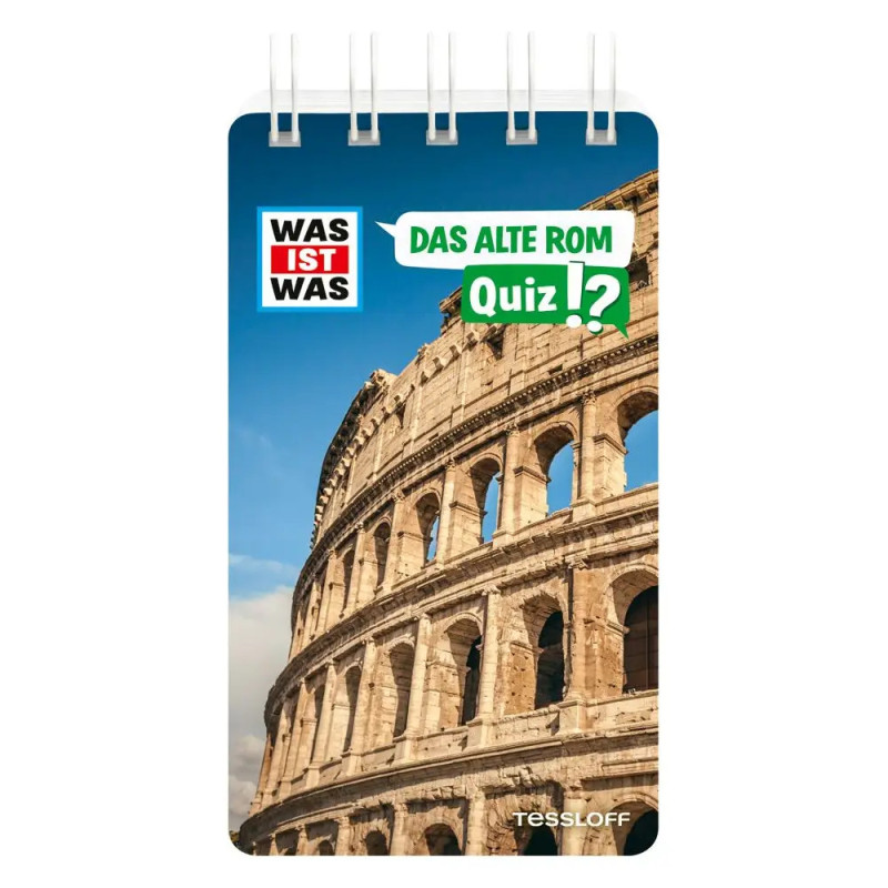 Quizbuch-Cover mit Abbildung des römischen Kolosseums und deutschem Text über das antike Rom.