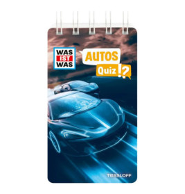 Notizbuchcover mit zwei Sportwagen und dem Schriftzug WAS IST WAS AUTOS Quiz!? sowie TESSLOFF.