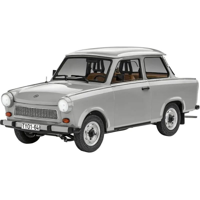 Klassischer grauer Kompaktwagen mit runden Scheinwerfern und weißem Dach, von vorne links gesehen.