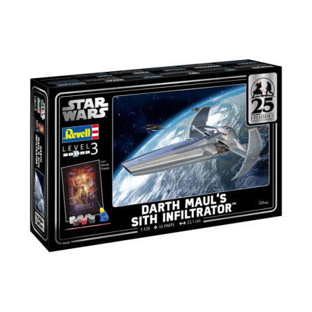 Revell-Bausatzbox von Star Wars: Darth Mauls Sith Infiltrator mit Raumschiffbild und 25 Jahre Jubiläumslogo.