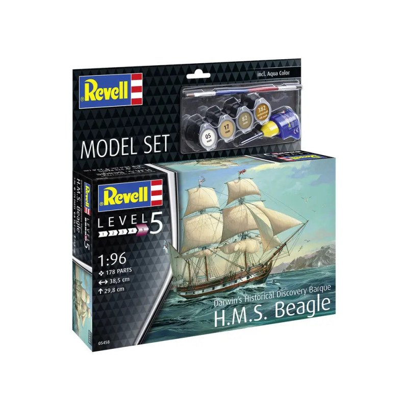 Revell Level 5 Modellbausatz der H.M.S. Beagle als Segelschiff, inklusive Farben und Zubehör.