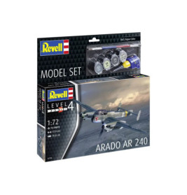 Revell Modellbausatz Arado AR 240 mit Farben, Pinseln und Flugzeugabbildung auf der Verpackung.