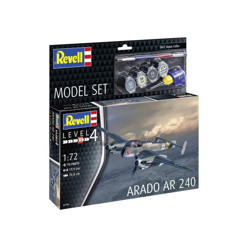 Revell Modellbausatz Arado AR 240 mit Farben, Pinseln und Flugzeugabbildung auf der Verpackung.