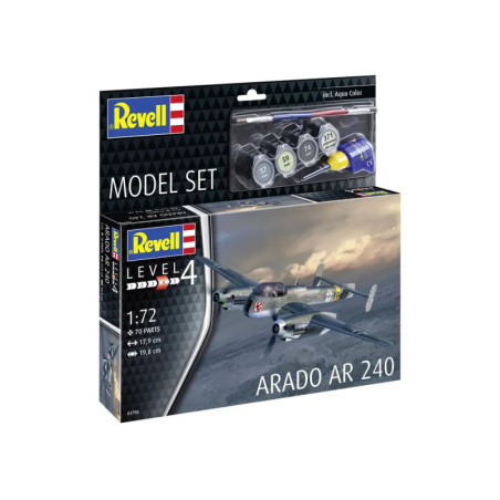 Revell Modellbausatz Arado AR 240 mit Farben, Pinseln und Flugzeugabbildung auf der Verpackung.