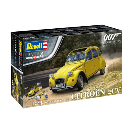 Revell-Bausatz: Gelber Citroën 2CV mit 007-Logo und For Your Eyes Only-Schriftzug auf dem Karton.