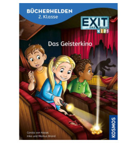 Drei Kinder erkunden mit Taschenlampen ein schummriges, gruseliges Kino mit zerrissenen roten Sitzen.