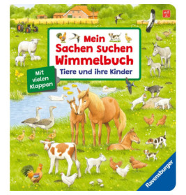 Illustrierte Bauernhofszene mit erwachsenen Pferden, Kühen, Enten, Vögeln und ihren Jungen.