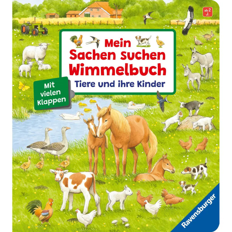 Illustrierte Bauernhofszene mit erwachsenen Pferden, Kühen, Enten, Vögeln und ihren Jungen.