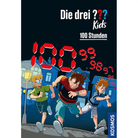 Drei animierte Jungen rennen nachts, über ihnen leuchtet eine rote digitale 100 und Fragezeichen.