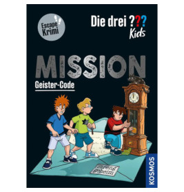 Drei Kinder untersuchen auf einem Buchcover eine alte Uhr auf einer Karte mit der Aufschrift streng geheim.