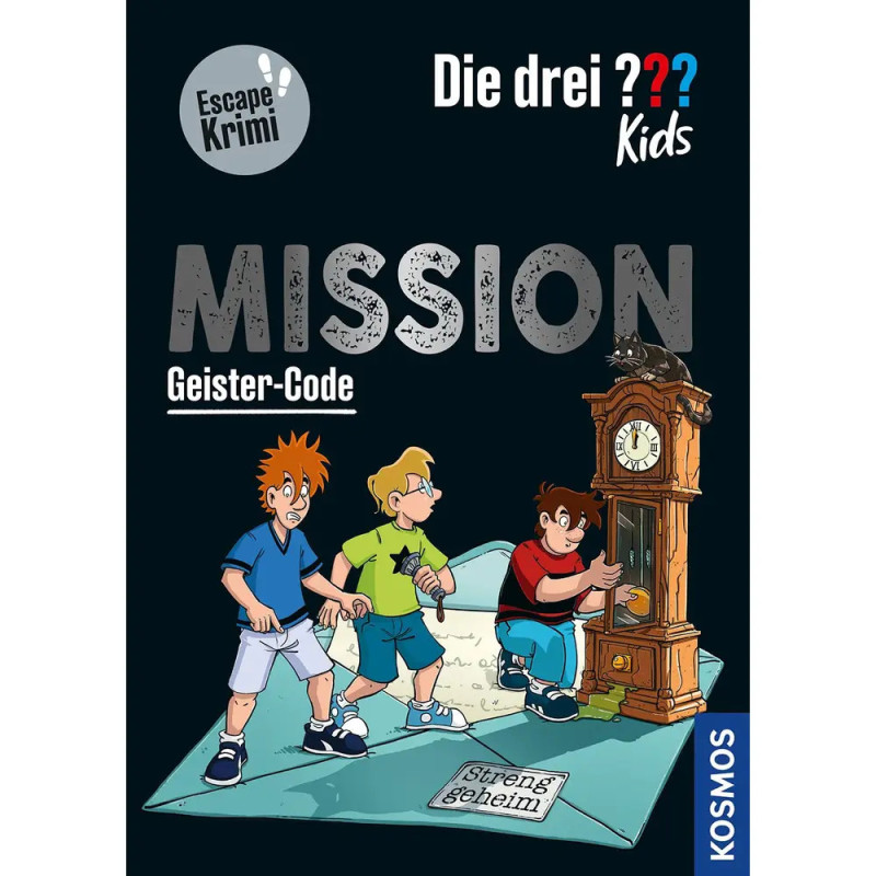 Drei Kinder untersuchen auf einem Buchcover eine alte Uhr auf einer Karte mit der Aufschrift streng geheim. Drei Kinder untersuchen auf einem Buchcover eine alte Uhr auf einer Karte mit der Aufschrift streng geheim.