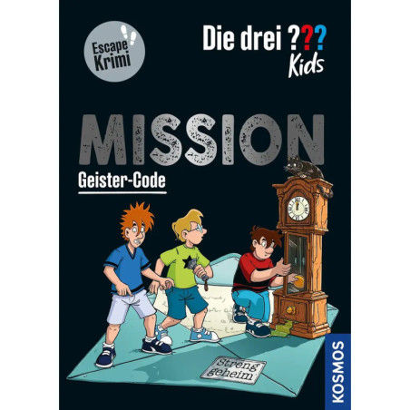 Drei Kinder untersuchen auf einem Buchcover eine alte Uhr auf einer Karte mit der Aufschrift streng geheim.