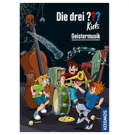 Drei Kinder musizieren umgeben von Spinnweben und grünem Nebel Schriftzug: Die drei ??? Kinder Geistermusik.