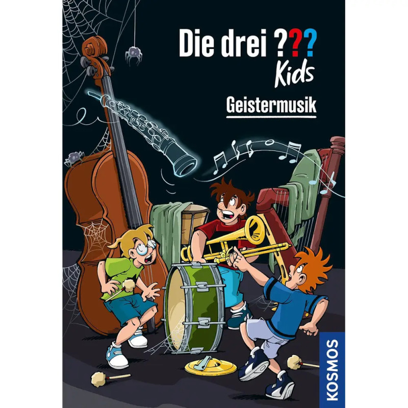 Drei Kinder musizieren umgeben von Spinnweben und grünem Nebel Schriftzug: Die drei ??? Kinder Geistermusik.