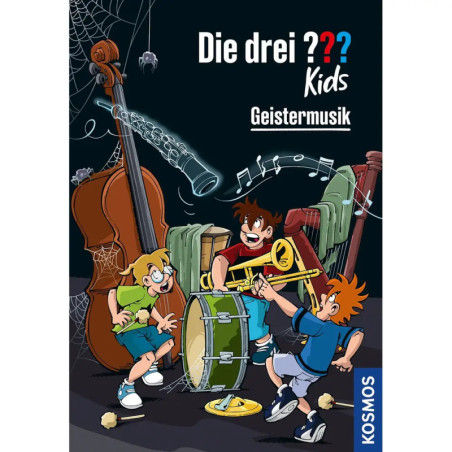 Drei Kinder musizieren umgeben von Spinnweben und grünem Nebel Schriftzug: Die drei ??? Kinder Geistermusik.