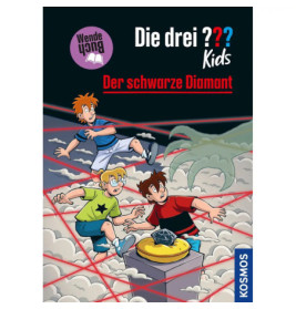Drei animierte Kinder weichen roten Laserstrahlen aus und greifen in einem wolkigen Raum nach einem schwarzen Diamanten.