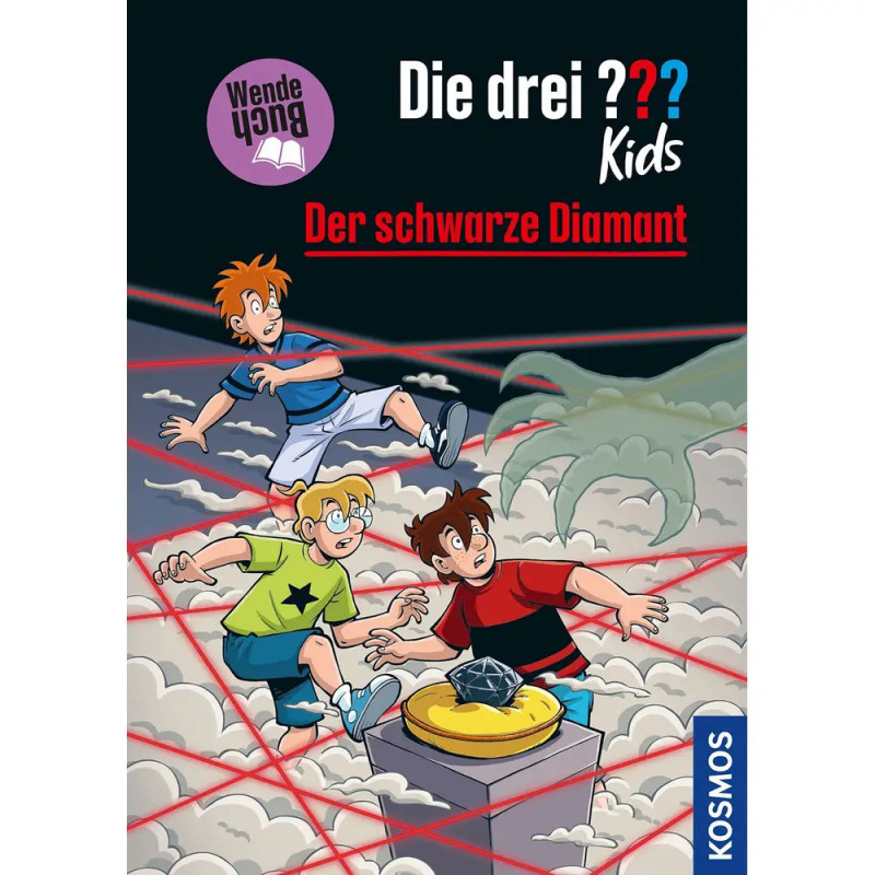 Drei animierte Kinder weichen roten Laserstrahlen aus und greifen in einem wolkigen Raum nach einem schwarzen Diamanten. Drei animierte Kinder weichen roten Laserstrahlen aus und greifen in einem wolkigen Raum nach einem schwarzen Diamanten.