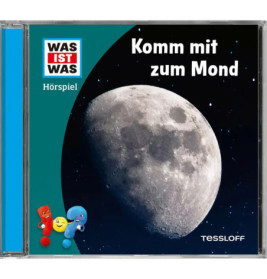 CD-Cover mit Mond-Nahaufnahme, Cartoonfiguren und dem deutschen Text Komm mit zum Mond.
