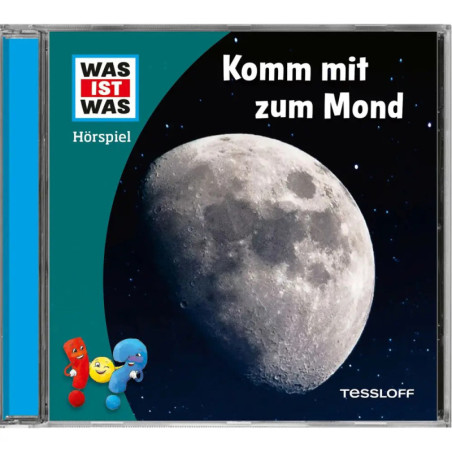 CD-Cover mit Mond-Nahaufnahme, Cartoonfiguren und dem deutschen Text Komm mit zum Mond.