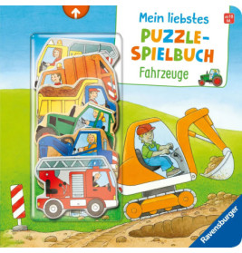 Puzzlebuch-Cover für Kinder mit gezeichneten Fahrzeugen und einem Kind auf einem Bagger.