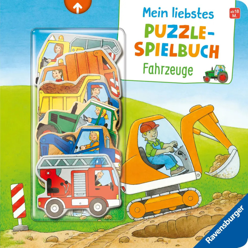 Puzzlebuch-Cover für Kinder mit gezeichneten Fahrzeugen und einem Kind auf einem Bagger.