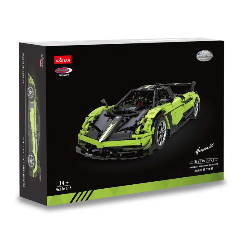 Schwarze Box mit grün-schwarzem Spielzeug-Sportwagen, beschriftet als Pagani Huayra Roadster Bauset.