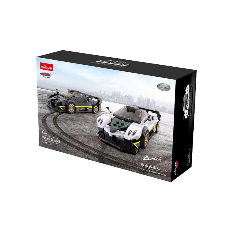 Verpackung eines Pagani Zonda R Spielzeugauto-Bausatzes mit zwei Autos und Stadt im Hintergrund.
