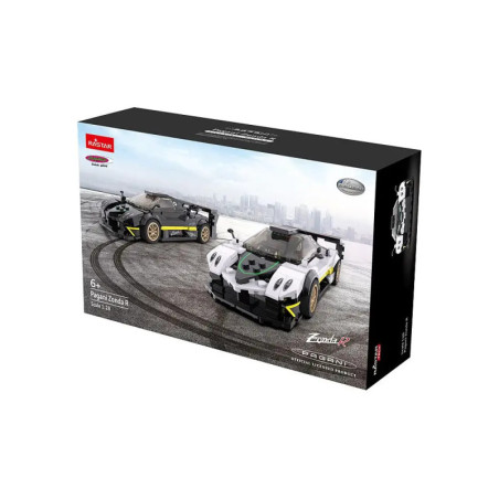 Verpackung eines Pagani Zonda R Spielzeugauto-Bausatzes mit zwei Autos und Stadt im Hintergrund.