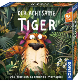 Auf der Spieleschachtel Der Achtsame Tiger (ab 5 Jahren) ist ein Cartoon-Tiger im Dschungel zu sehen.