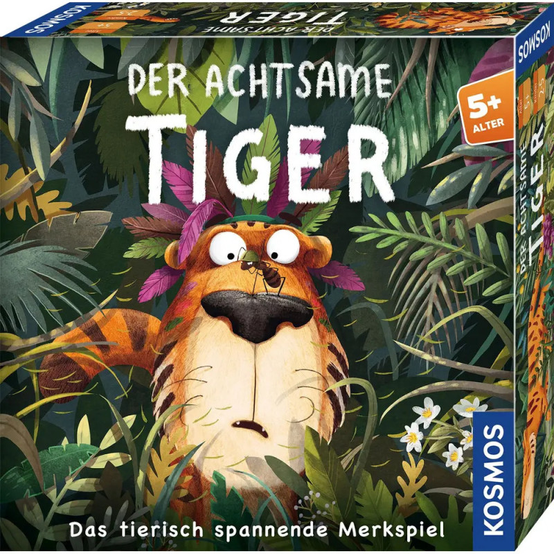 Auf der Spieleschachtel Der Achtsame Tiger (ab 5 Jahren) ist ein Cartoon-Tiger im Dschungel zu sehen. Auf der Spieleschachtel Der Achtsame Tiger (ab 5 Jahren) ist ein Cartoon-Tiger im Dschungel zu sehen.