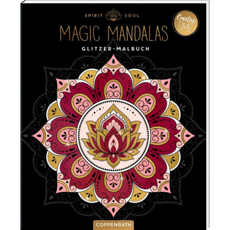 Buchcover mit dekorativem Mandala in Pink, Rot und Gold sowie dem Titel Magic Mandalas Glitzer-Malbuch.