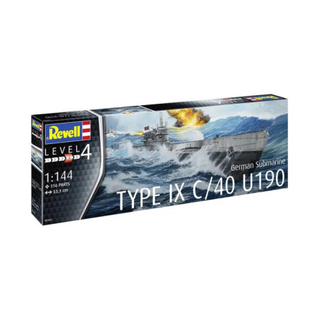 Revell-Bausatz: Deutsches U-Boot Typ IX C/40 U190 auf stürmischer See, Maßstab 1:144. Revell-Bausatz: Deutsches U-Boot Typ IX C/40 U190 auf stürmischer See, Maßstab 1:144.