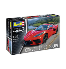 Revell Level 3 Modellbausatz mit rotem Corvette C8 Coupé, Maßstab 1:25, 144 Teile, abgebildet auf einer Straße.