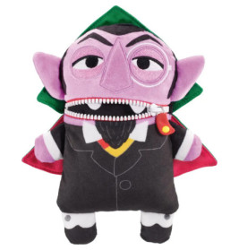 Vampir-Plüschfigur mit Reißverschlussmund, spitzen Ohren und schwarzem Umhang.