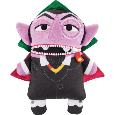 Vampir-Plüschfigur mit Reißverschlussmund, spitzen Ohren und schwarzem Umhang.