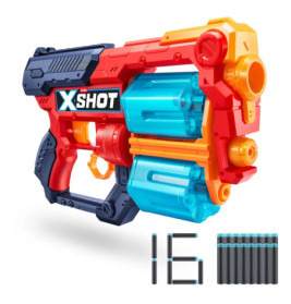 Bunter Spielzeug-Blaster mit zwei Läufen und 16 Schaumstoffpfeilen, die vorne ausgelegt sind.