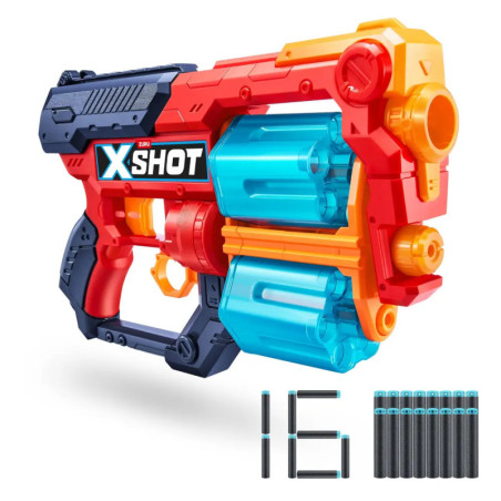 Bunter Spielzeug-Blaster mit zwei Läufen und 16 Schaumstoffpfeilen, die vorne ausgelegt sind.