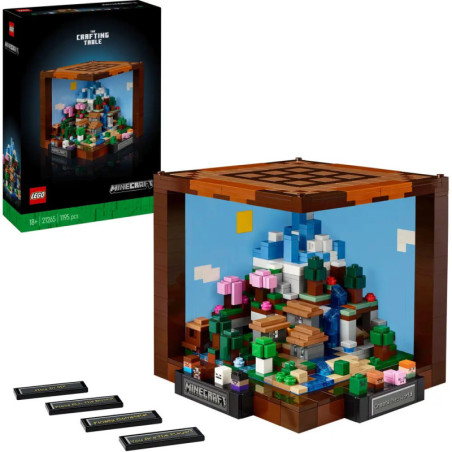 LEGO Minecraft Crafting Table Set mit detailreichem Mikro-Build und Verpackung im Hintergrund. LEGO Minecraft Crafting Table Set mit detailreichem Mikro-Build und Verpackung im Hintergrund.