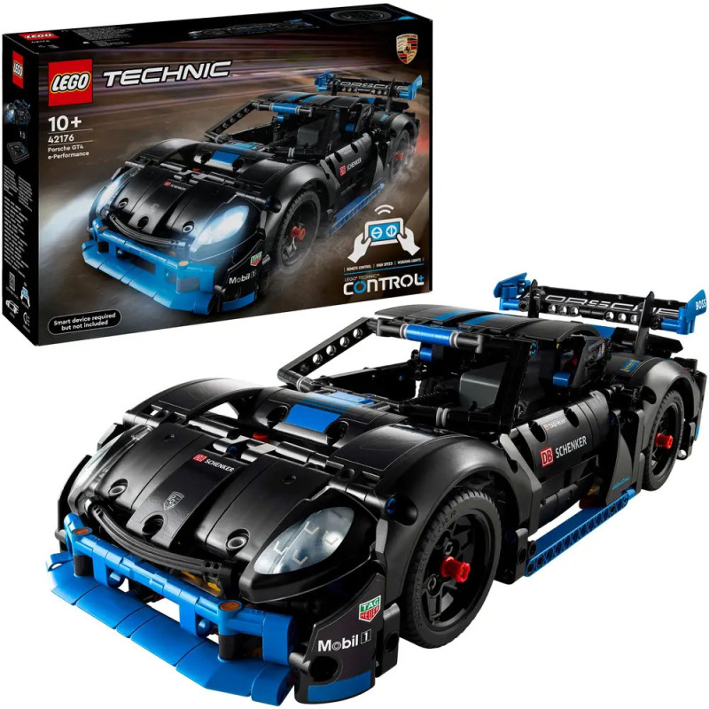 LEGO Technic Porsche 911 RSR Set: Schwarzes und blaues Modellauto mit Fernbedienung vor der Verpackung. LEGO Technic Porsche 911 RSR Set: Schwarzes und blaues Modellauto mit Fernbedienung vor der Verpackung.